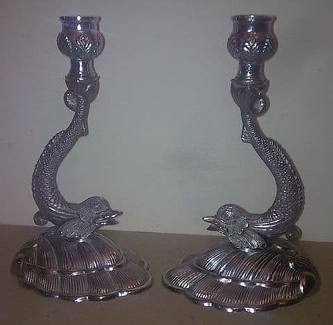 Vintage Chrome Plate Giltoy Reg Design Fish Dolphin Baroque Candle Holders Candlesticks Circa 1950s (1)