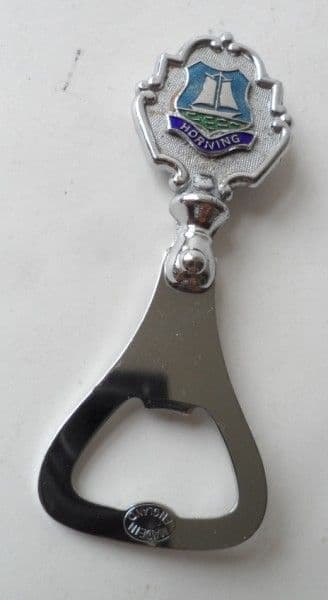 Vintage Chrome Plated Squire Souvenir Metal Bottle Opener Horning Norfolk Enamel Crest Circa 1960s