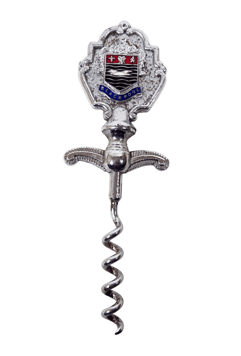 Vintage Chrome Plated Squire Souvenir Metal Corkscrew Blackpool Enamel Crest Circa 1950s
