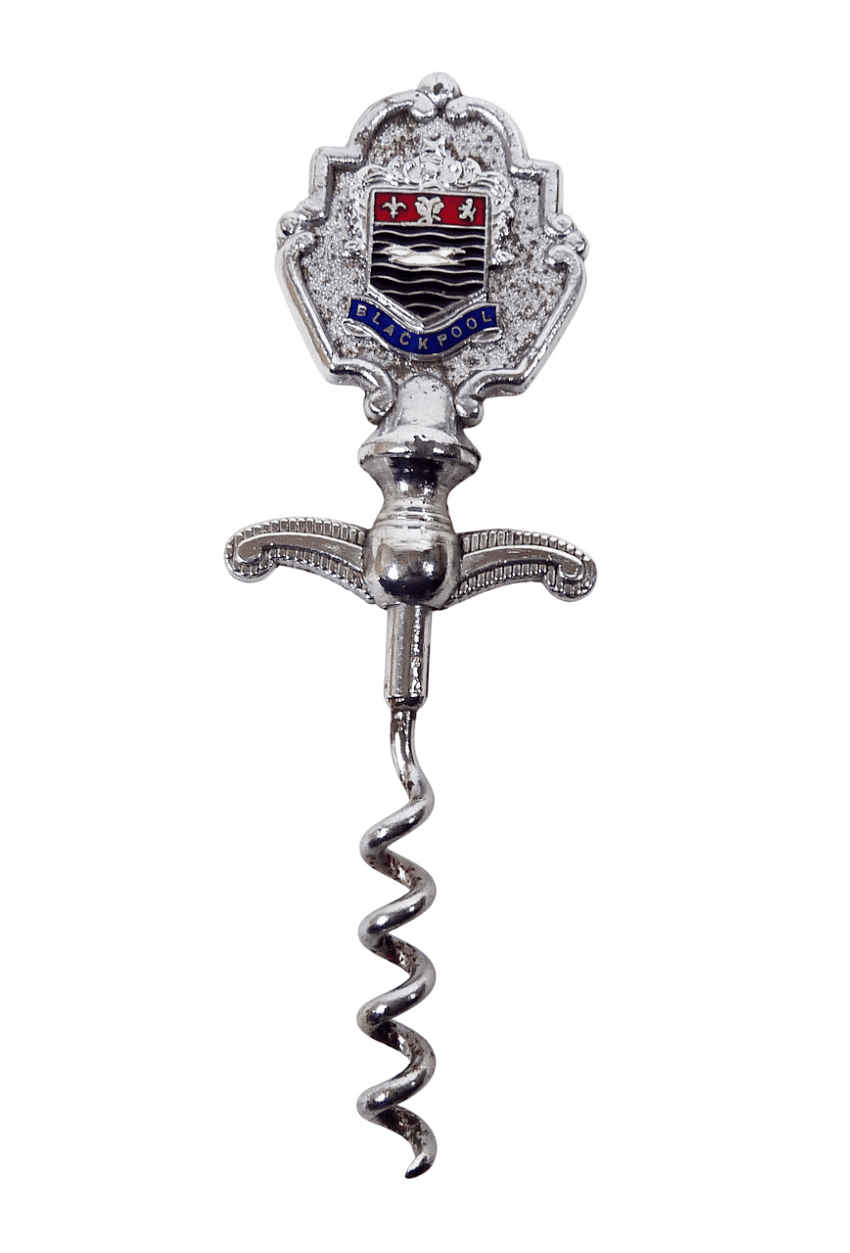 Vintage Chrome Plated Squire Souvenir Metal Corkscrew Blackpool Enamel Crest Circa 1950s