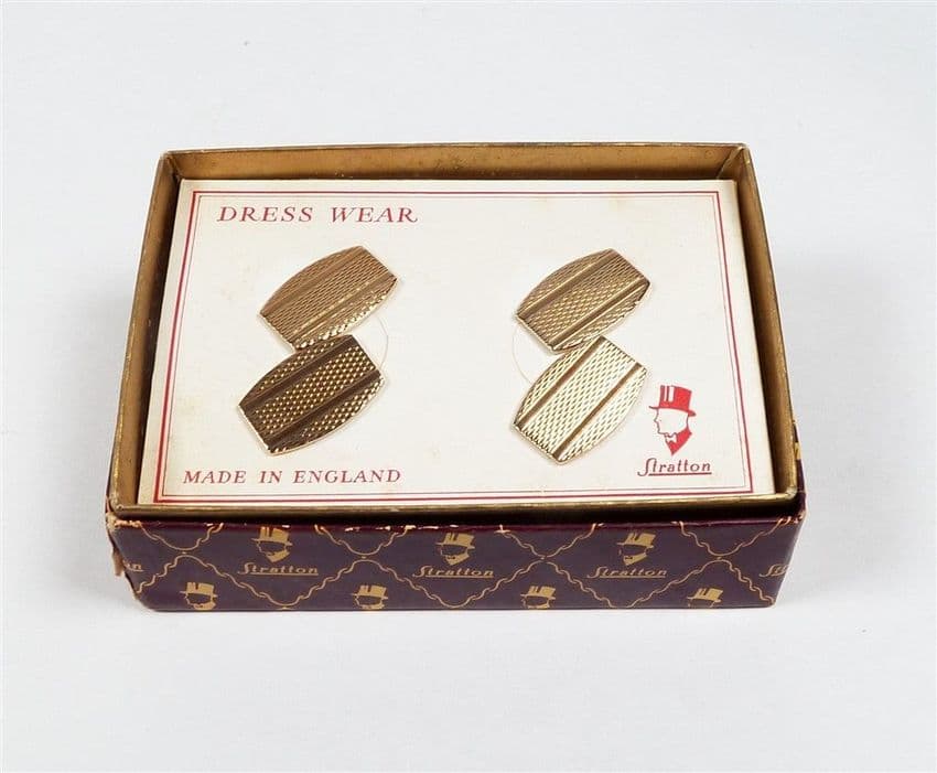 Vintage Cufflinks Cuff Links Stratton Gilt Gold Real Engine Turned Original Display Box 1950s