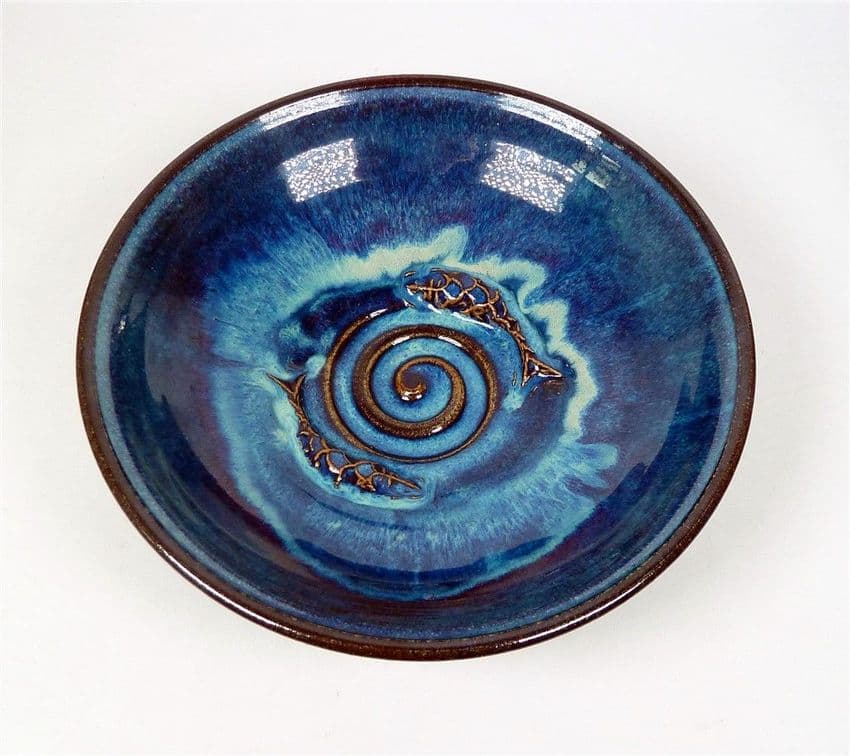 Vintage David Fry Ceramics Studio Pottery Newcastle England Fish Bowl Swirl Stunning Blue Glaze