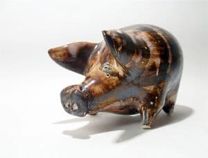 Vintage David Sharp Studio Pottery Rye Money Box Bank Pig Striped Brown