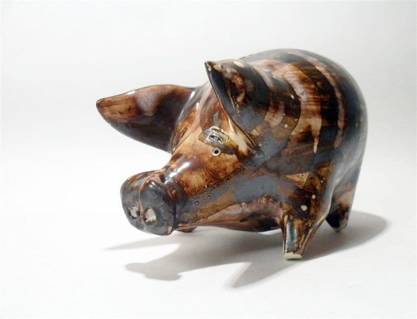 Vintage David Sharp Studio Pottery Rye Money Box Bank Pig Striped Brown