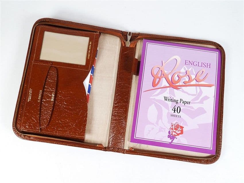 Vintage Desk Office Ace Brown Leather English Writing Case Set Circa 1970s Paper & Envelopes