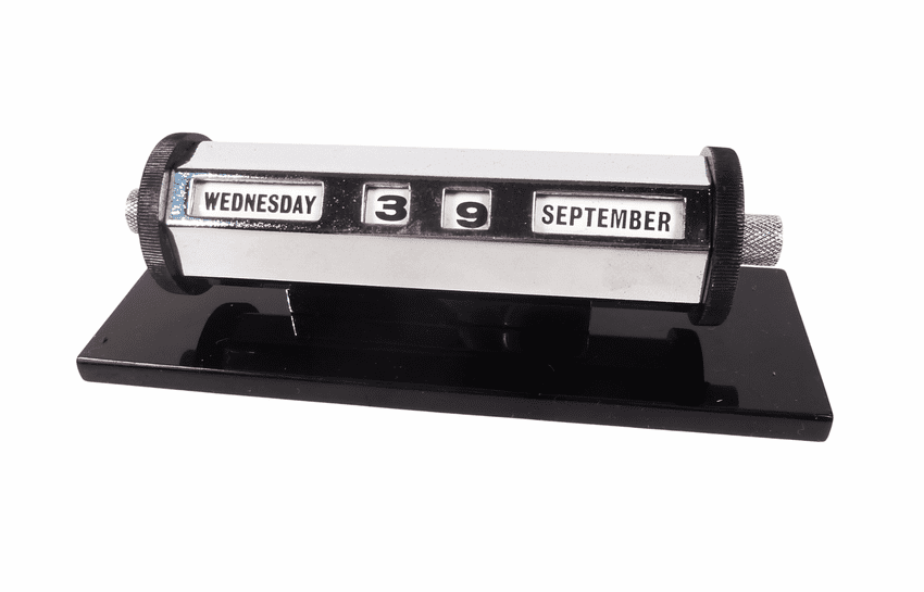 Vintage Desk Office Art Deco Chrome & Acrylic Barrel Perpetual Calendar Circa 1930-50s