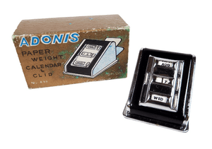 Vintage Desk Office Boxed Adonis Chrome Black Enamel Perpetual Calendar Paper Weight Clip 1950s FWO