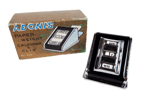 Vintage Desk Office Boxed Adonis Chrome Black Enamel Perpetual Calendar Paper Weight Clip 1950s FWO