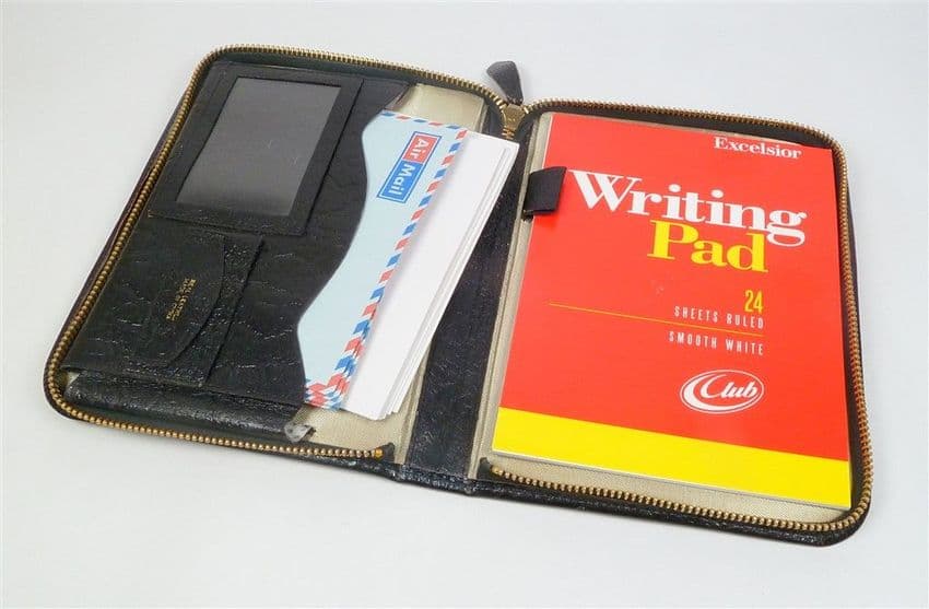 Vintage Desk Office Butterfly Black Leather Writing Case Set Circa 1970s Air Mail Paper Envelopes