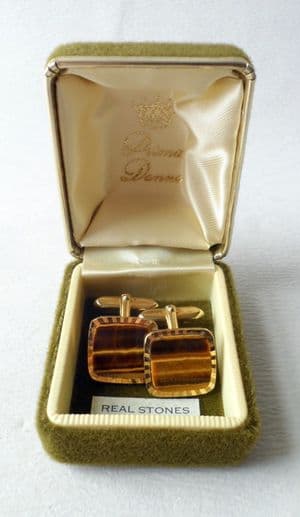 Vintage Dress Cufflinks Cuff Links Fashion Goldtone Gilt Tigers Eye West Germany Circa 1970s German Square