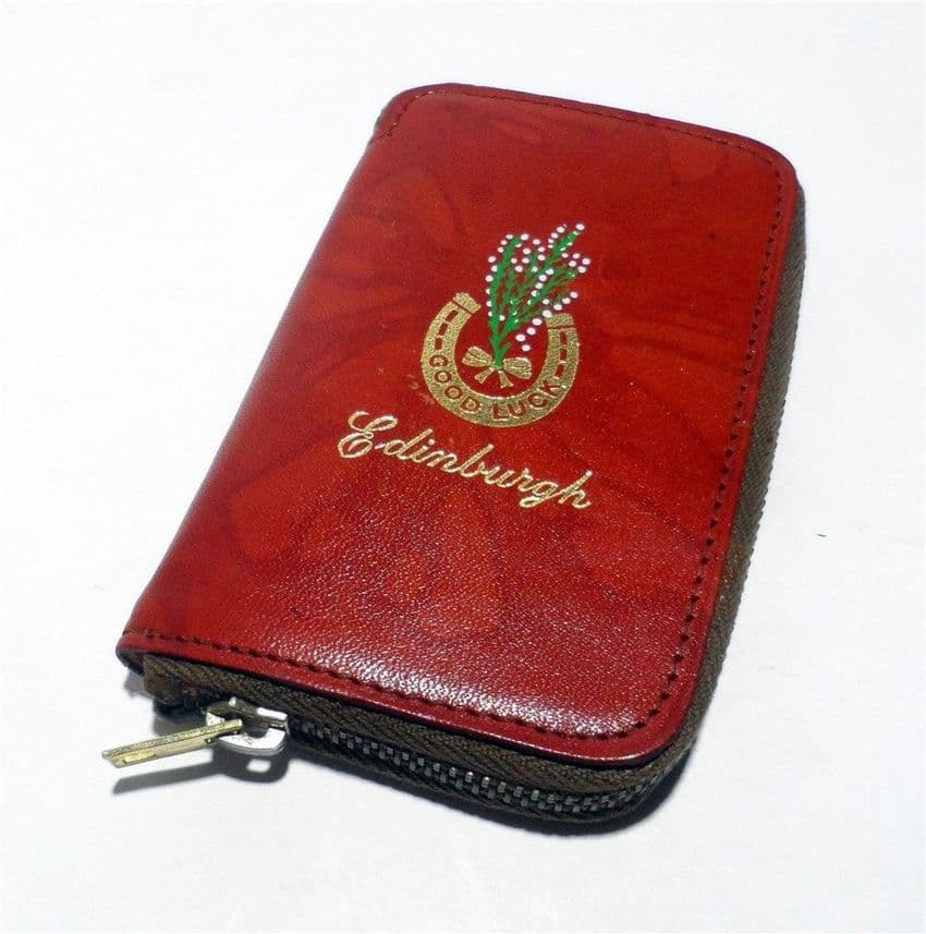 Vintage Edinburgh Good Luck Leather Pocket Key Case Holder Fob Zipped Zip 1950s Keyring Key Ring