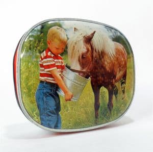 Vintage Edward Sharp Sharps Toffee Tin Boy feeding Pony 1950s Maidstone Kent Small Horse Foal
