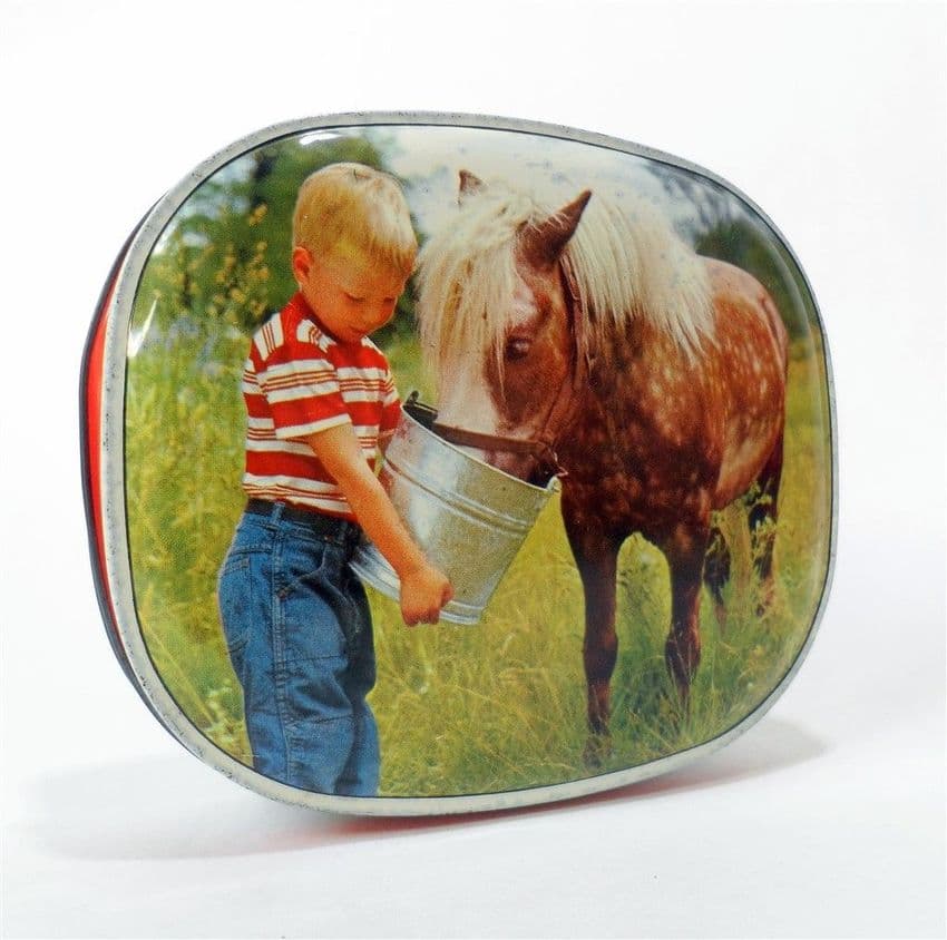 Vintage Edward Sharp Sharps Toffee Tin Boy feeding Pony 1950s Maidstone Kent Small Horse Foal