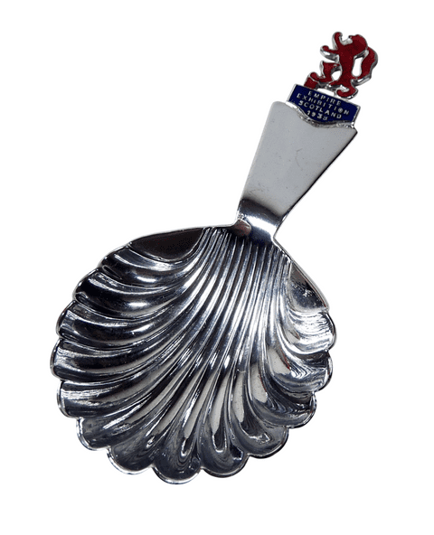 Vintage Empire Exhibition Scotland Exquisite Plate Tea Caddy Spoon Souvenir Chrome & Enamel