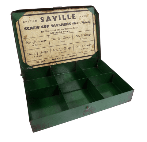 Vintage Empty Garage Tin British Made Saville Screw Cup Washers Compartments Display Storage