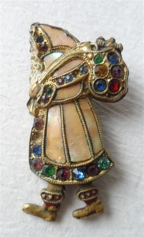 Vintage Father Christmas Santa Brooch Badge Pin Mother of Pearl Multi Coloured Stones Circa 1930s 1940s Costume