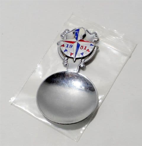 Vintage Festival of Britain 1951 Exhibition Tea Caddy Spoon FOB  Souvenir Teaspoon Chrome Enamel