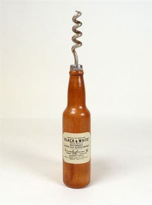 Vintage Figural Advertising Black & White Scotch Whisky Wood Wooden Bottle Corkscrew Brush 1950s