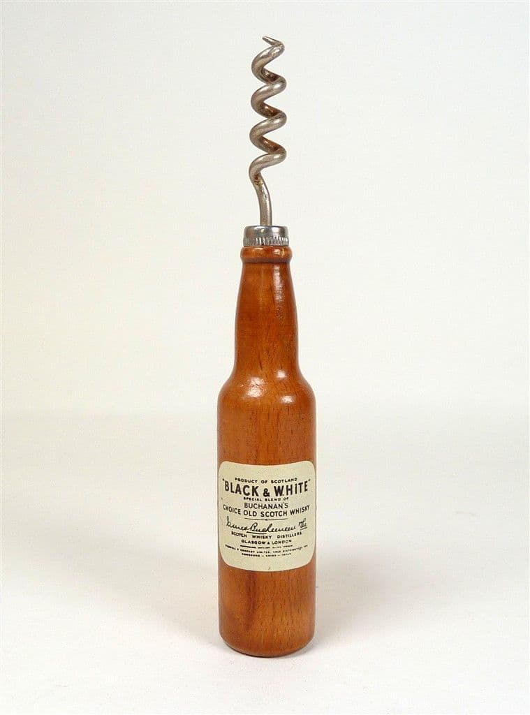 Vintage Figural Advertising Black & White Scotch Whisky Wood Wooden Bottle Corkscrew Brush 1950s