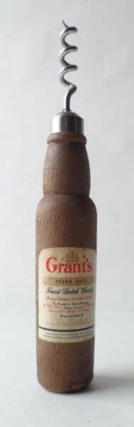 Vintage Figural Advertising Grant's Stand Fast Scotch Whisky Wood Wooden Bottle Corkscrew 1960s