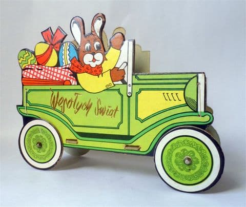 Vintage Folding Card Easter Bunny Car Table Decoration Circa 1960s Polish Basket Display Shop Home