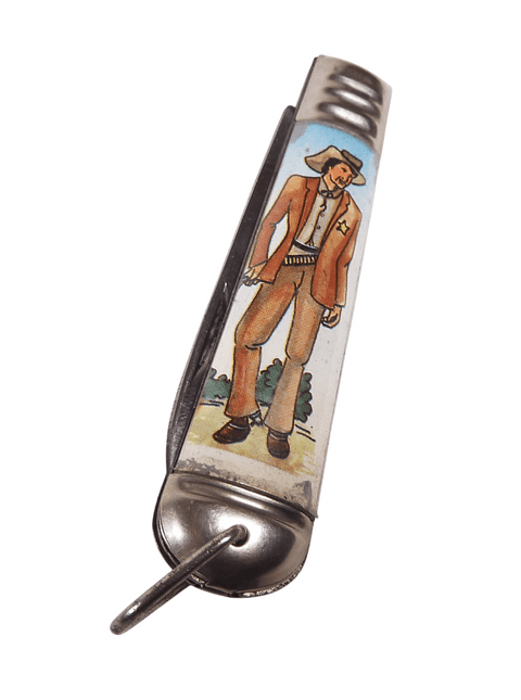 Vintage Folding Folder Pocket Knife Sherriff Pictorial Wild West Cowboy Western 1960s Unknown Maker
