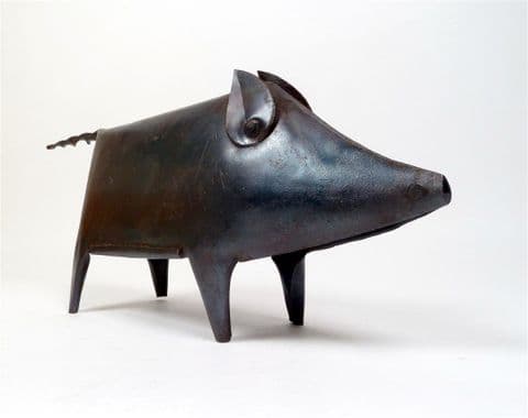 Vintage Folk Art Hand Made Metal Pig Figure Sculpture Steel Patinated Farm Display Quirky