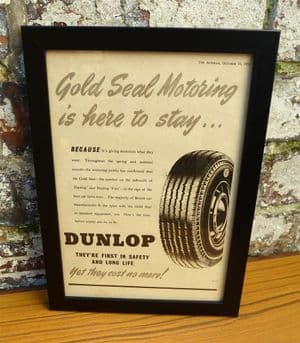 Vintage Framed 1952 Dunlop Fort Tyre Tire Advert - Garage Cave Wall Art Auto Car Gold Seal Motoring