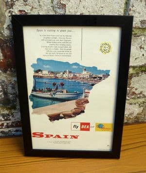 Vintage Framed 1960 Spain Fly BEA Iberia Advert - Travel Agent Cave Wall Art Airlines Holidays