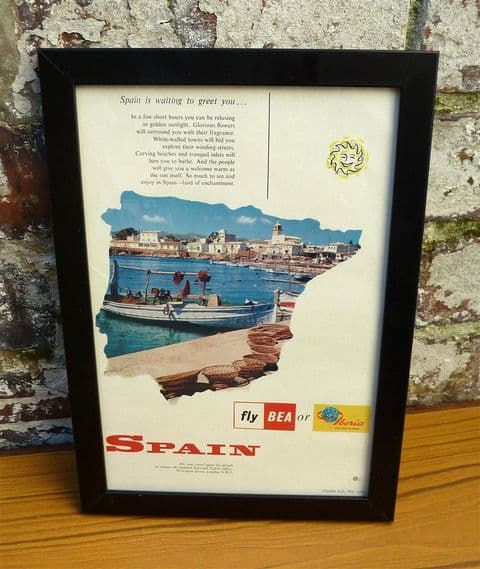 Vintage Framed 1960 Spain Fly BEA Iberia Advert - Travel Agent Cave Wall Art Airlines Holidays