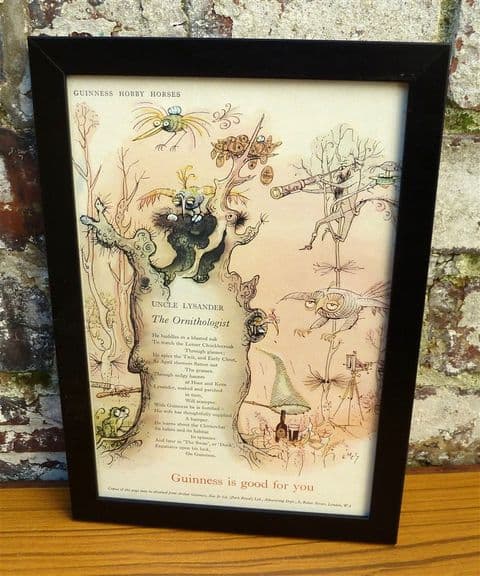 Vintage Framed 1960s Guinness is Good For You Hobby Horses The Ornithologist Advert - Bar Pub