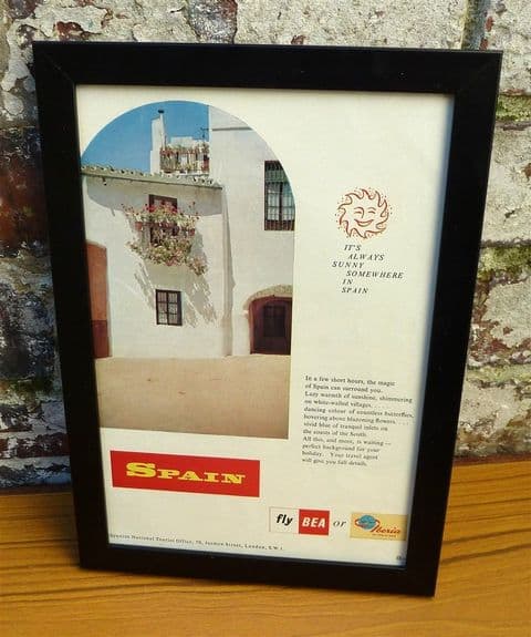 Vintage Framed 1960s Spain Fly BEA Iberia Advert - Travel Agent Cave Wall Art Airlines Holiday Villa
