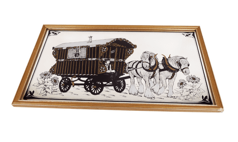 Vintage Framed Gypsy Romany Caravan Shire Horses Pictorial Pub Bar Mirror Circa 1970s