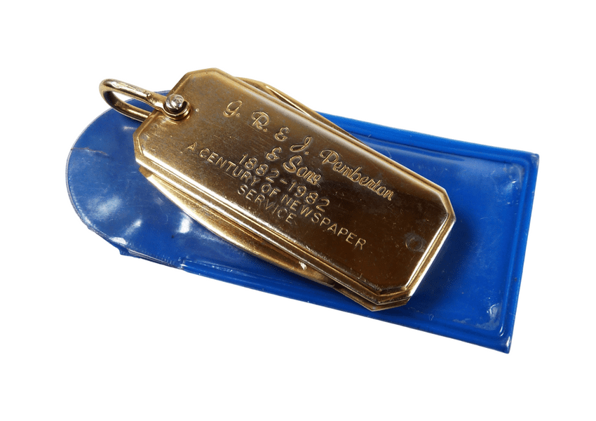 Vintage G R & J Pemberton Preston 1882-1982 Newspaper Service 24CT Gold Plate Folding Pocket Knife