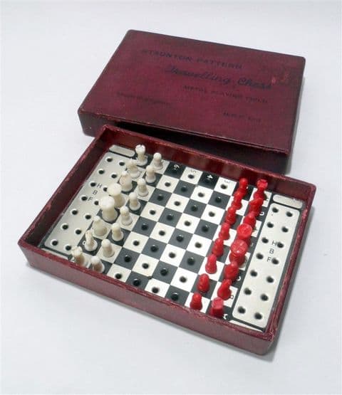 Vintage Game HBF Ltd Staunton Pattern Boxed Travelling Chess Set 1950s Metal & Thick Board Travel