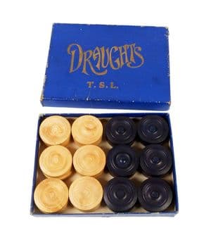 Vintage Game TSL Hardwood Draughtsmen Draughts Checkers Set 1950s Boxed Wood Wooden