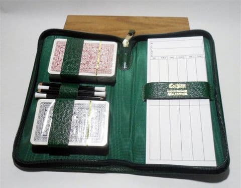 Vintage Games Cathian of England  Green Leather Bridge Playing Cards Case Set Pencil Score Sheets