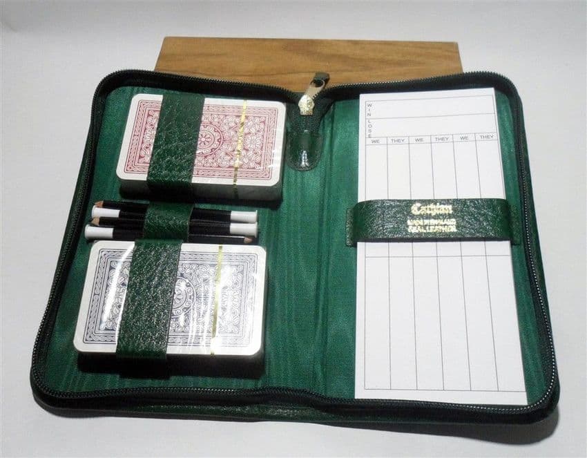 Vintage Games Cathian of England Green Leather Bridge Playing Cards Case Set Pencil Score Sheets