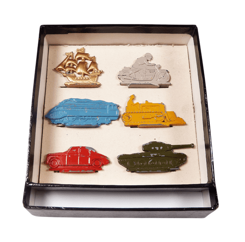 Vintage Gaming Counters Monopoly Transport Pieces 1950s Boxed Galleon Bike Train Tank Car Bulldozer