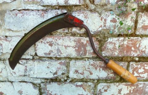 Vintage Gardening Tool Short Handled Sickle Scythe Blade Grass Chopper Wood Handle Maker Unknown