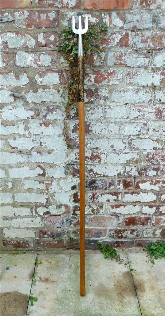Vintage Gardening Tool Wooden Long Handled Prestige Stainless England Cultivator Curved Fork Weeding