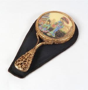 Vintage Geisha Girl Gilt Metal Handbag Hand Mirror Beveled Glass Case 1970s Japan Japanese Pierced