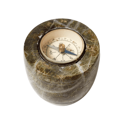 Vintage Geological Souvenir Polished Cornish Stone Serpentine Marble Desk Compass Barrel Form
