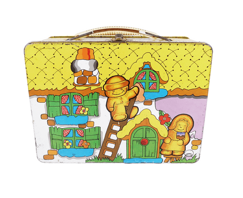 Vintage Gingerbread Family Metal Lunch Box Tin Carrying Handle Cheney Catch 1980s