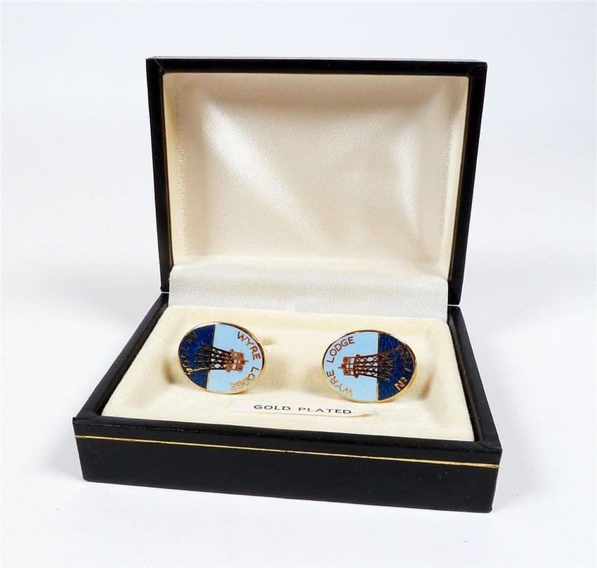 Vintage Gold Plated Enamel Wyre Lodge No. 7704 Freemasons Cufflinks Masonic Masons Boxed