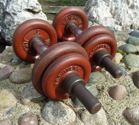 Vintage Gym Weights Pair of Cast Iron WrightWeight Dumbbells Physical Culture 2+20lb 39.5lb 18kg