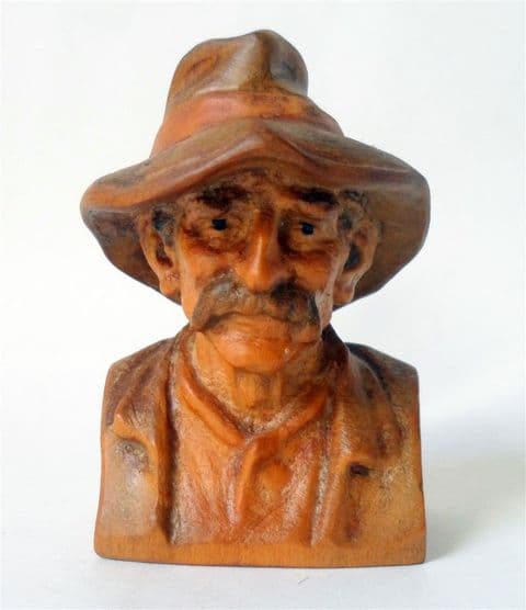 Vintage Hand Carved Wooden Wood Man Bust Figure 1950s European Folk Art Black Forest Bavarian