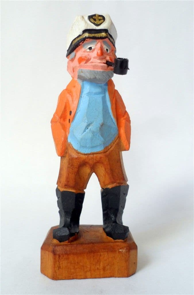 Vintage Hand Carved Wooden Wood Man Figurine Figure Sailor Captain Nautical 1950s European Folk Art