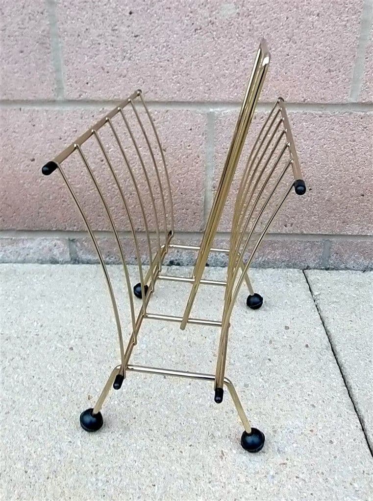 Vintage Home Atomic Gold Tone Magazine Newspaper Rack Circa 1960s Black Ball Feet Mid Century