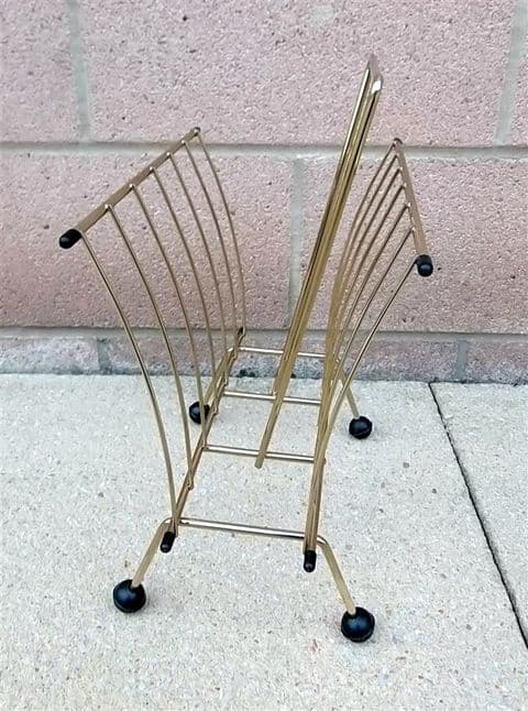 Vintage Home Atomic Gold Tone Magazine Newspaper Rack Circa 1960s Black Ball Feet Mid Century